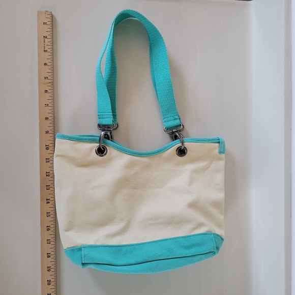 THIRTY-ONE Canvas Crew Carry-All Tote Bag Natural / Turquoise RETIRED - Picture 10 of 12